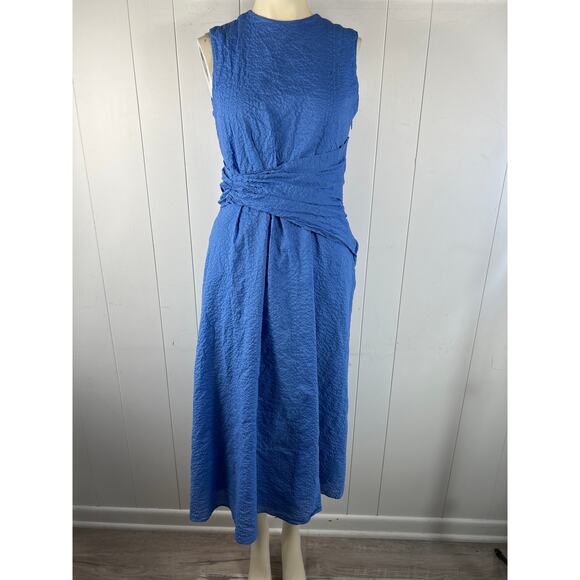 FRAME Ruched Sleeveless Cotton Midi Dress In Coastal Blue Size s - Picture 4 of 10